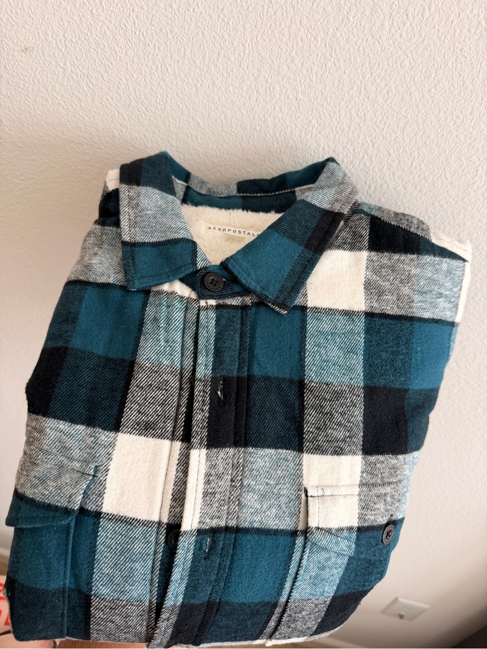 Aeropostale Teal and Black Plaid Men’s Button-Up Shirt Shacket